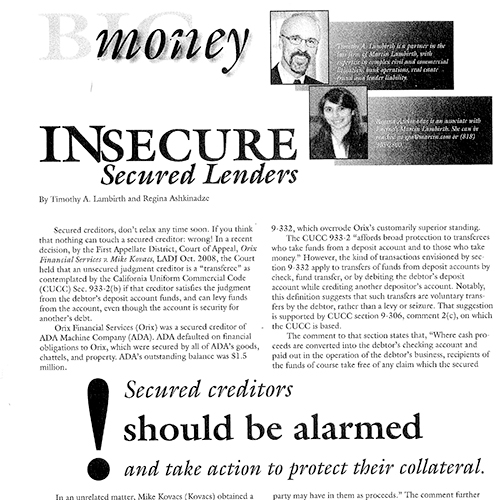 Insecure Secured Lenders – Big Money